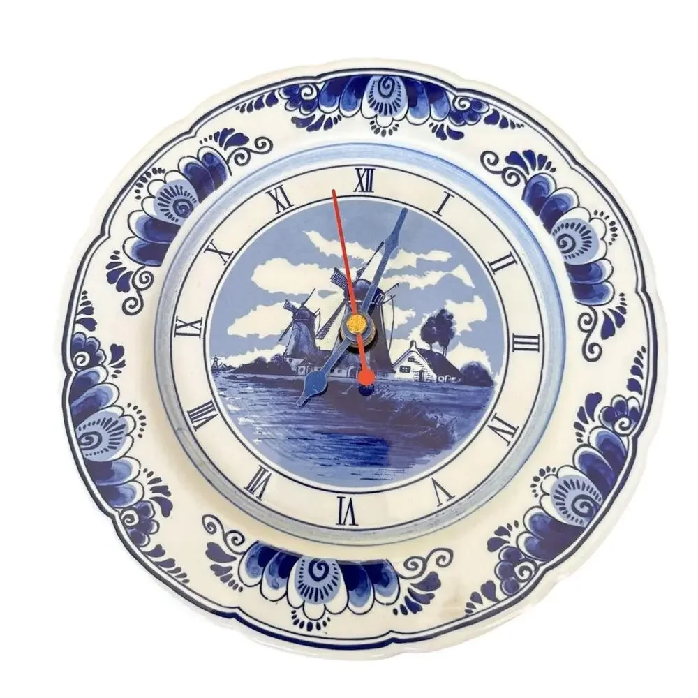 Blue Holland Windmill Ceramic Wall Clock Plate Quartz Dutch Decor 7”